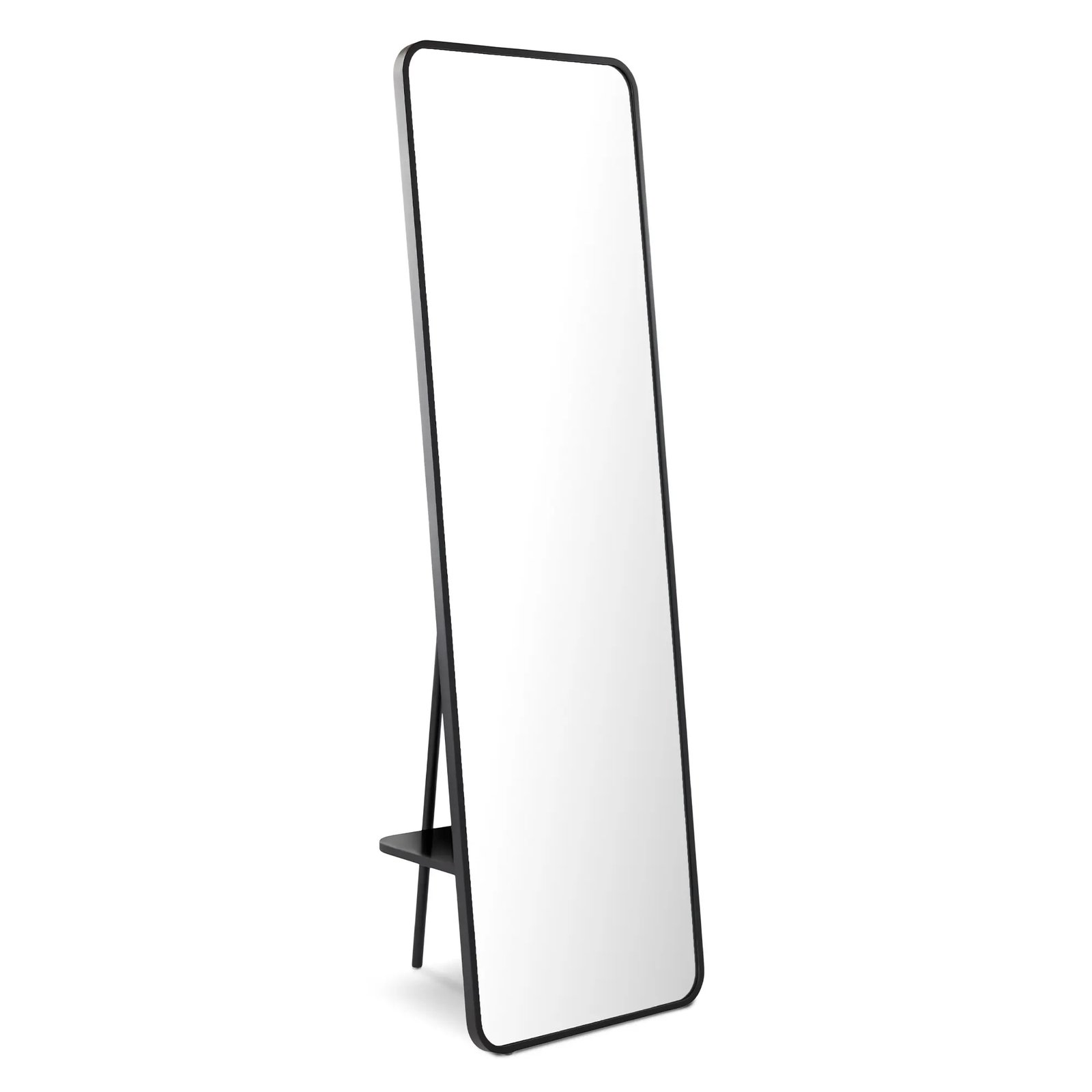 Black Metal Floor Mirror with Storage Shelf - Image 3
