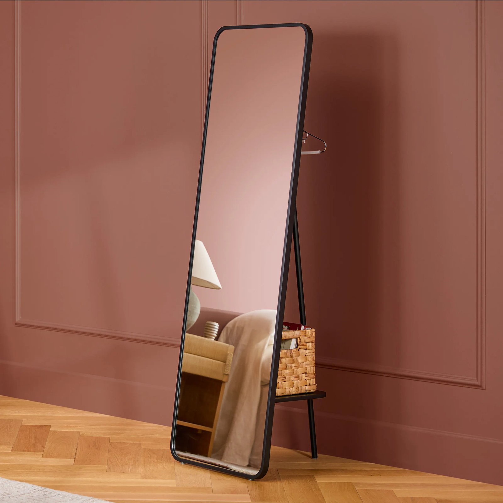 Black Metal Floor Mirror with Storage Shelf - Image 8